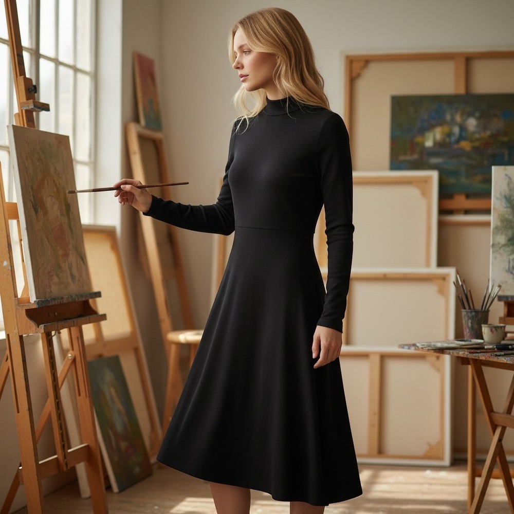 R&K Originals Black Mock Neck Long Sleeve Sweater Dress Size L 101103JP /#26853